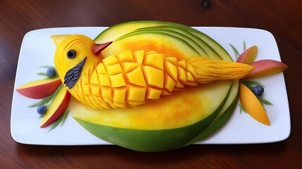 Fototapeta na wymiar Lebensmittelkunst (Food-Art) mit einer Mangofrucht (Generative AI)