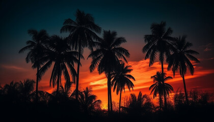 Fototapeta na wymiar Silhouette palm trees back lit by sunset generated by AI
