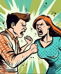 Illustration of Woman and a man swear among themselves, screaming and violence
