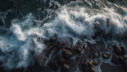 Breaking waves crash against rocky coastline, splashing foam generated by AI