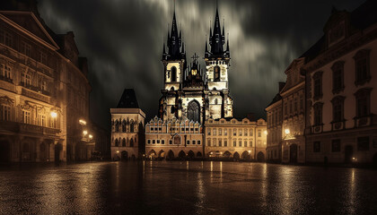 Obraz premium Majestic Gothic architecture illuminated in the dark generated by AI