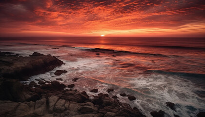 Obraz premium Sunset over rocky coastline, nature beauty revealed generated by AI