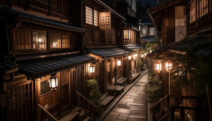 Illuminated lanterns reflect old Japanese culture at dusk generated by AI