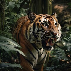Fototapeta na wymiar a lifelike tiger comes out of the jungle created with Generative AI technology