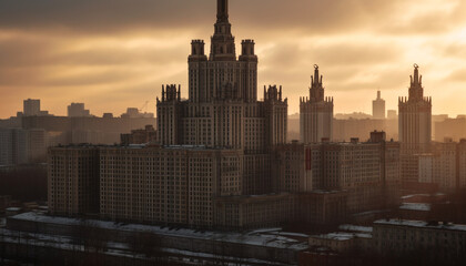 Fototapeta na wymiar Silhouette skyscrapers illuminate city skyline at sunset generated by AI