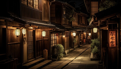 Fototapeta na wymiar Illuminated lanterns adorn old Japanese tea room generated by AI