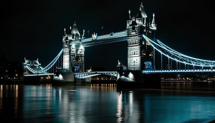Fototapeta na wymiar Illuminated suspension bridge reflects majestic British culture generated by AI