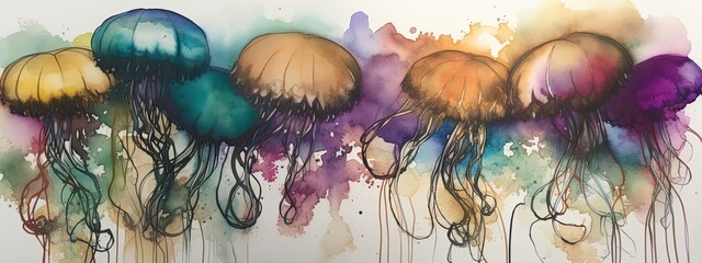 Alcohol ink illustration of colorful jellyfish in a wide border - Generative AI
