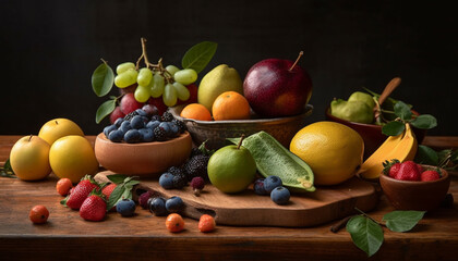 Fresh fruit bowl on rustic wooden table generated by AI