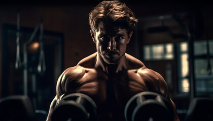 Fototapeta na wymiar Muscular man flexes strength, exudes confidence, beauty generated by AI