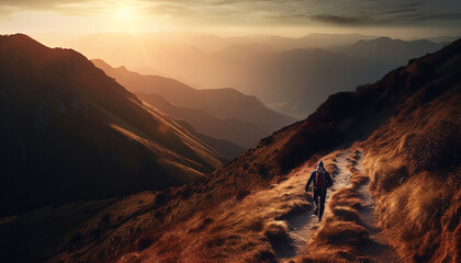 Men and women hiking mountain cliff at sunset generated by AI