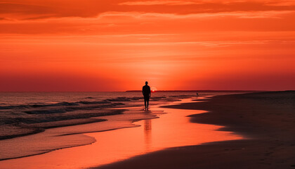 Silhouette of men walking on serene coastline generated by AI