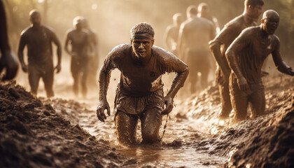 Muscular men race through mud, determination wins generated by AI - obrazy, fototapety, plakaty