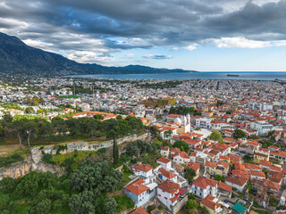 Aerial view over The old historical center of Kalamata seaside city, Greece by the Castle of Kalamata