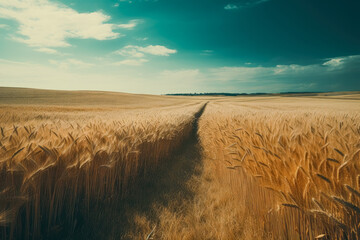 Golden wheat field, day, vintage style. Generative Ai. 
