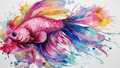 Alcohol ink illustration of a colorful betta fish Generative AI art