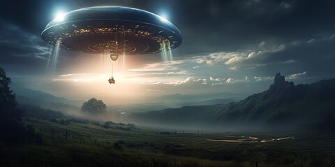 Fototapeta na wymiar UFO. An alien saucer hovering motionless in the air. Unidentified flying object, alien invasion. Generative AI. Extraterrestrial life, space travel, spaceship mixed environment