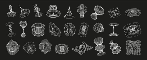 Retrofuturistic, wireframe line elements vector set. Polar grid, portals circle. Abstract geometry, blackhole, bipyramide sign.