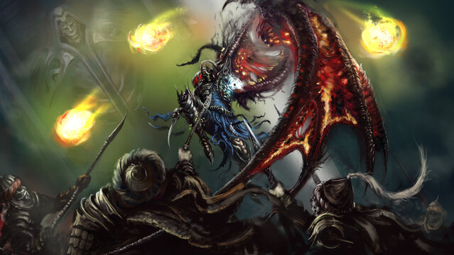 A dark assassin attacks a group of Arab warriors, an infernal lava wing grows from his back, she holds a dagger and a magical artifact in her hand. 2D illustration, Digital drawing style