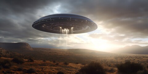Fototapeta na wymiar UFO. An alien saucer hovering motionless in the air. Unidentified flying object, alien invasion. Generative AI. Extraterrestrial life, space travel, spaceship mixed environment