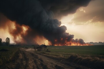 Fototapeta na wymiar Intense scene of tornado and fire over green field. Generative AI