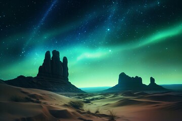 breathtaking desert landscape with large rocks and luminous night sky created with Generative AI technology