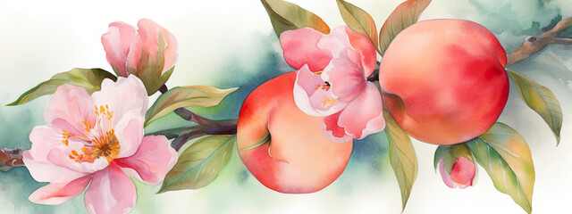 watercolor illustration of Peach colored flowers in wide border - Generative AI 