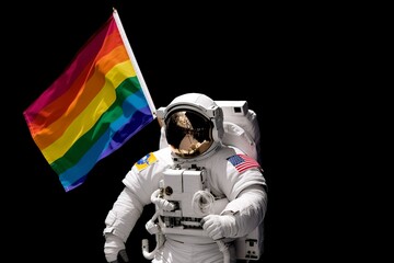 Astronaut waving LGBTQ pride flag, representation of pride month and gay people in science, empowerment of diverse community