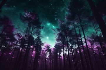 Obraz na płótnie Canvas illustration of a forest looking up at the stars created with Generative AI technology