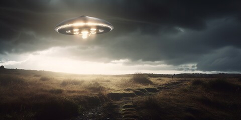 Obraz na płótnie Canvas UFO. An alien saucer hovering motionless in the air. Unidentified flying object, alien invasion. Generative AI. Extraterrestrial life, space travel, spaceship mixed environment