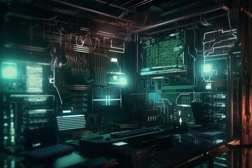Plakat Futuristic neon digital tech background with circuit board and server code processing. Generative AI
