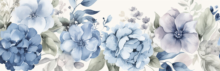 watercolor illustration of  dusty blue flowers in wide border - Generative AI 