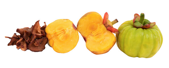 Dried slices and fresh garcinia fruits on transparent background.