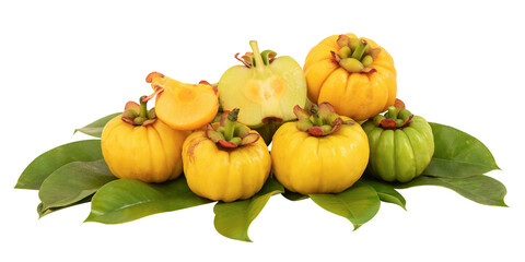 Garcinia fruits and green leaves on transparent background.