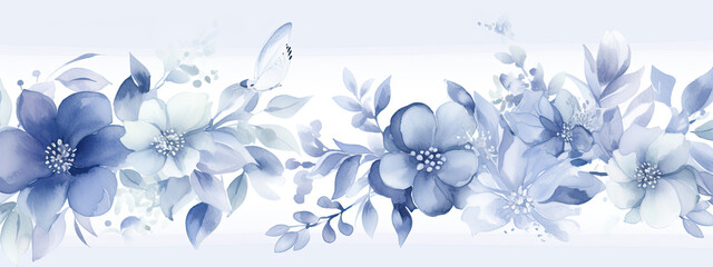 watercolor illustration of  dusty blue flowers in wide border - Generative AI 