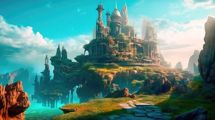 Poster Alien planet with fantastic landscapes, and enchanted castles. Generative AI © keks20034