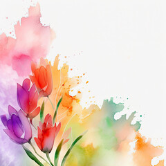 Obraz na płótnie Canvas watercolor illustration of colorful tulip flowers in wide border - Generative AI 