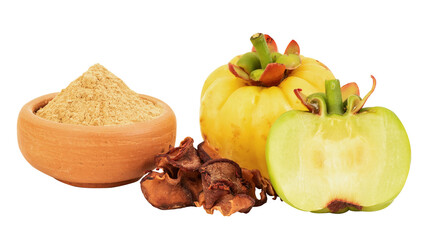 Dried ,fresh and powder garcinia fruits on transparent background.