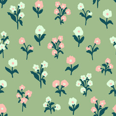 Cute flowers with leaves seamless repeat pattern. Vector botany all over surface print on sage green background.