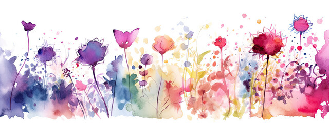 watercolor illustration of colorful flowers in wide border - Generative AI 