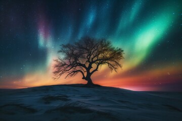 Obraz na płótnie Canvas a tree stands in a snow covered landscape the sky shines in colorful colors created with Generative AI technology