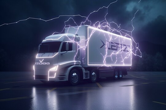 Polygonal e-truck with lightning symbol on trailer and overhead pantographs for electric power. Generative AI