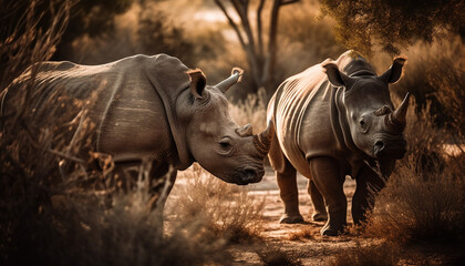 Obraz premium Large herbivorous mammals graze in African wilderness generated by AI