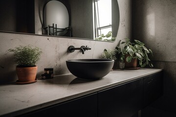 A contemporary, minimalistic bathroom featuring a potted plant. Generative AI