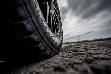 tire on the sand ground by low angle, generative ai 