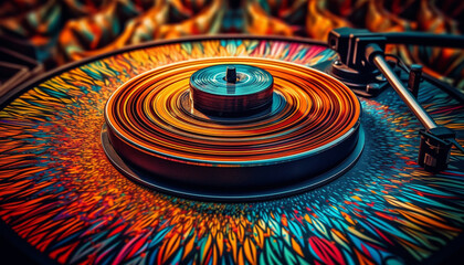 Fototapeta na wymiar Spinning turntable ignites fiery nightclub heat and motion generated by AI