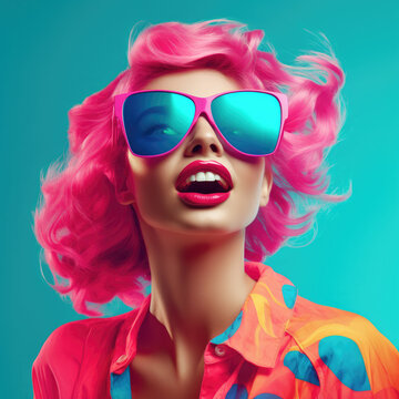 Funny girl with pink hair wearing huge amazing sunglasses. Fashion summer digital picture. Generative AI