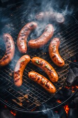 Sizzling Sausages on Grill. Generative ai