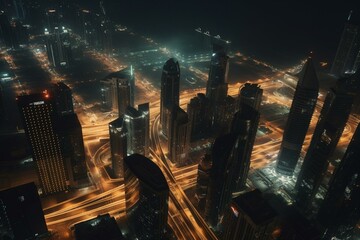 Fototapeta na wymiar Nighttime aerial view of Dubai's Business Bay skyscrapers. Generative AI