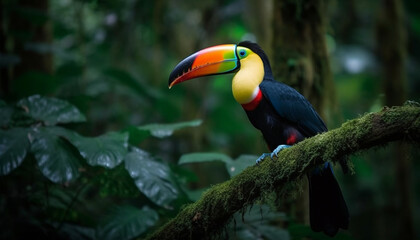 Fototapeta premium Colorful toucan perching on leaf in rainforest generated by AI
